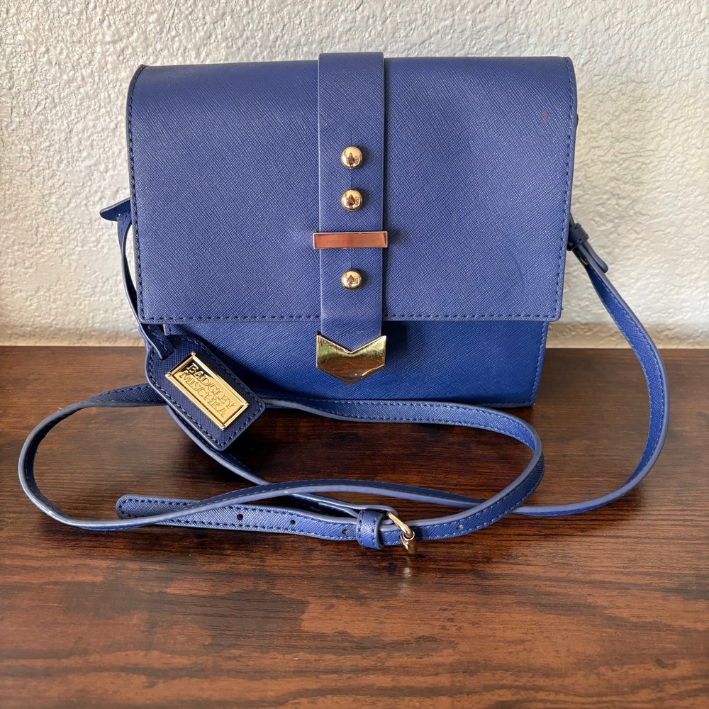 Badgley‎ Mischka Blue Structured Crossbody Chic Gold Hardware Evening Bag